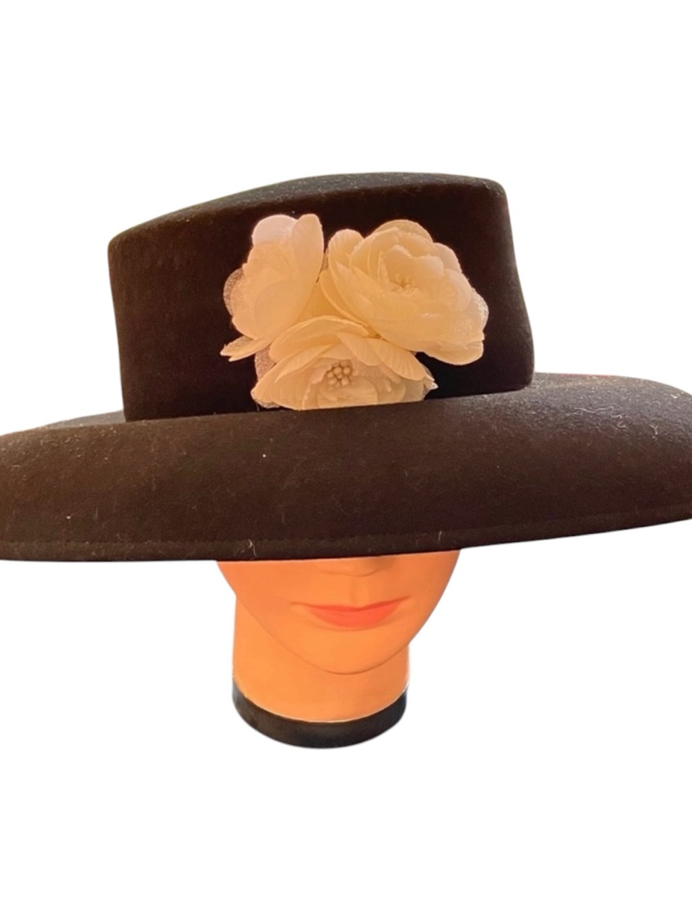Artisan Black Wool Felt Cordobés Boater Hat w/ White Floral Accent
